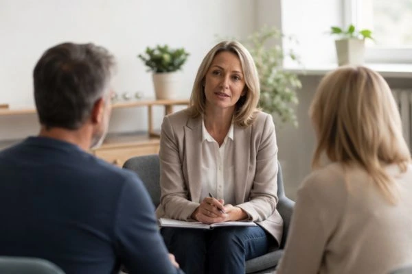 Couple discussing financial arrangement , pensions in divorce Poole